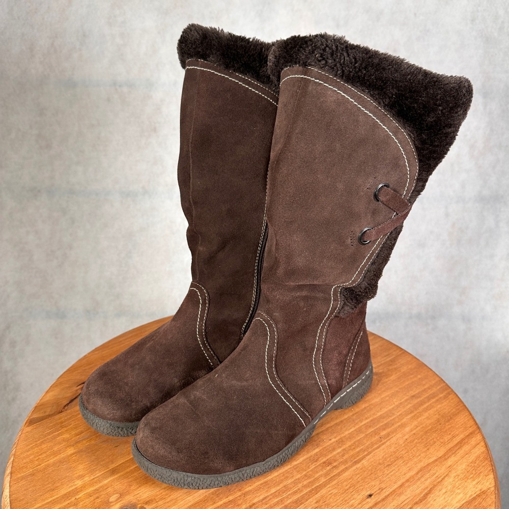Wanderlust Winter Boots Women 7.5 Brown Good Suede Faux Fur Trim Side Zip